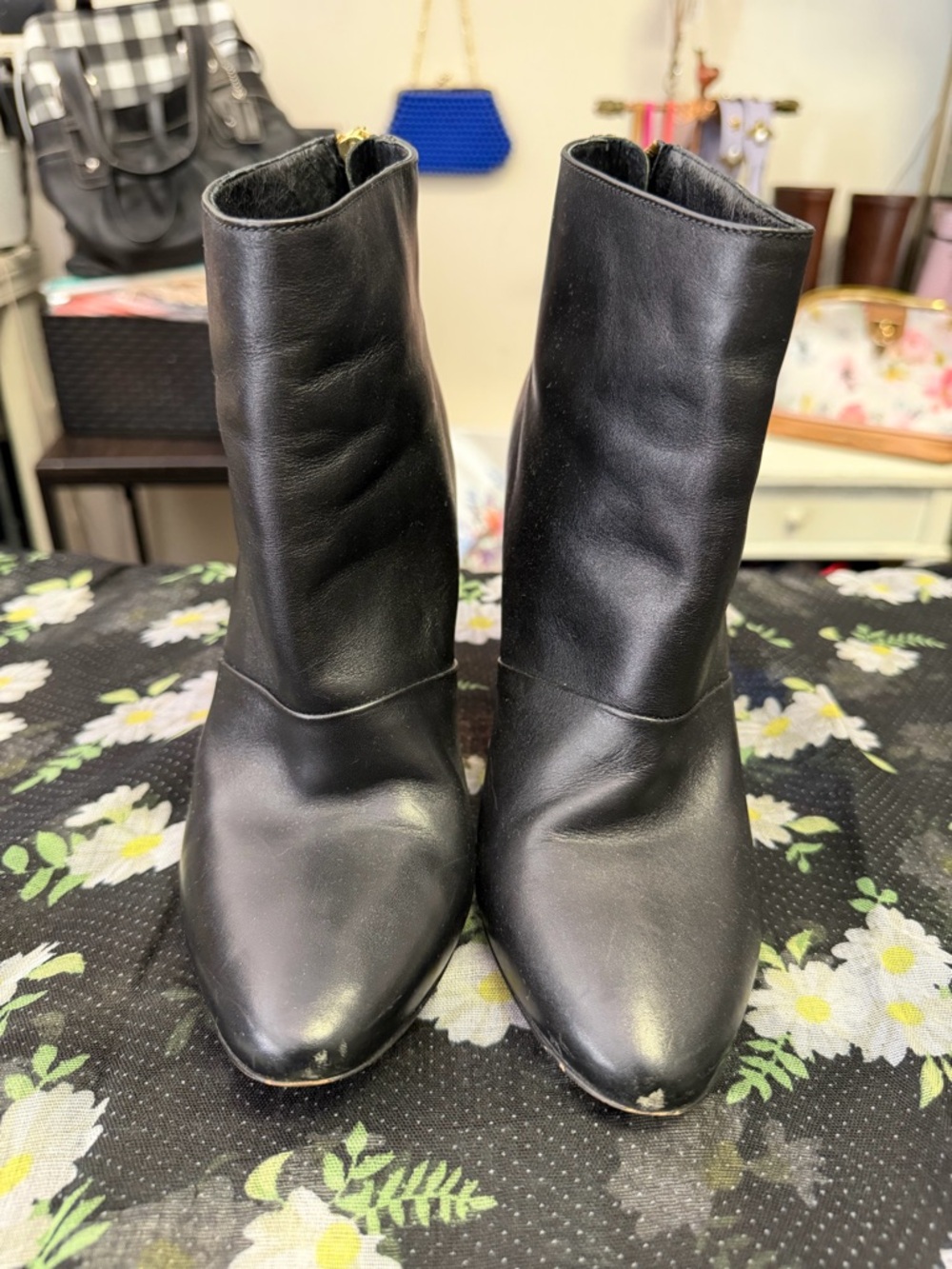 J.Crew Women’s Black Leather Ankle Booties with Block Heel.         Size: 7.5